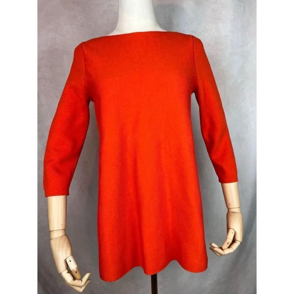 COS 92% Wool Blend Sweater Boat Neck 3/4 Sleeve Deep Orange Red Size Small